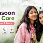 Indian tweens enjoying the monsoon under an umbrella with healthy hair, representing a monsoon hair care routine for kids and teens in India.