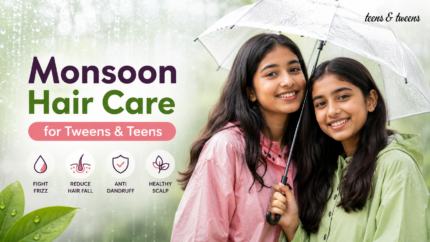 Indian tweens enjoying the monsoon under an umbrella with healthy hair, representing a monsoon hair care routine for kids and teens in India.