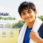 Hair care after workout for an active Indian teenager with a sweaty scalp after sports practice