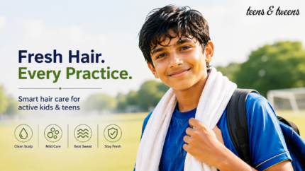 Hair care after workout for an active Indian teenager with a sweaty scalp after sports practice