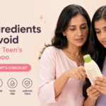 Parent and teen checking shampoo ingredients to avoid harmful chemicals in teen hair care products
