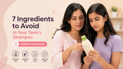 Parent and teen checking shampoo ingredients to avoid harmful chemicals in teen hair care products